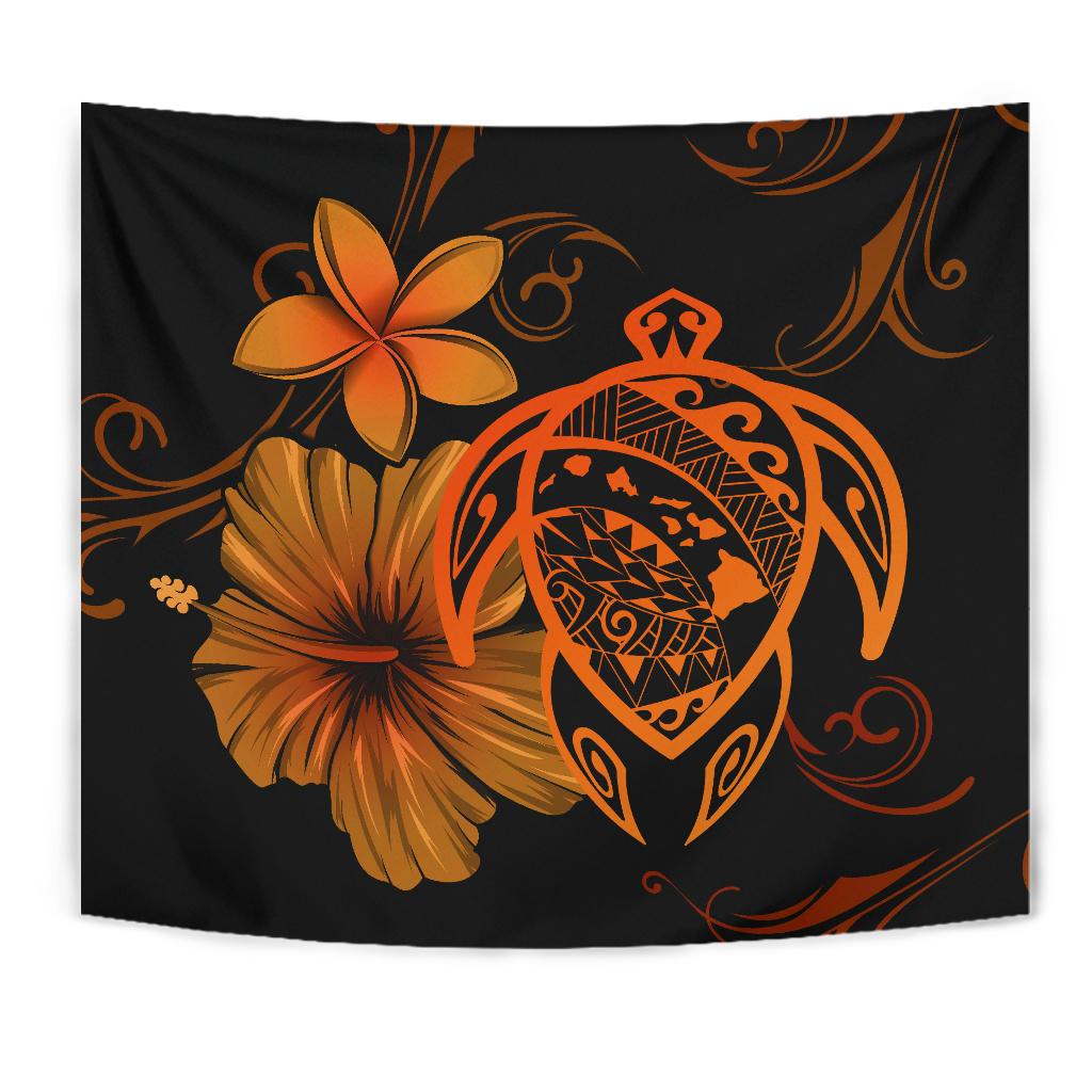 Hawaii Turtle Map Hibiscus Plumeria Poly Tapestry - Orange - Polynesian Pride