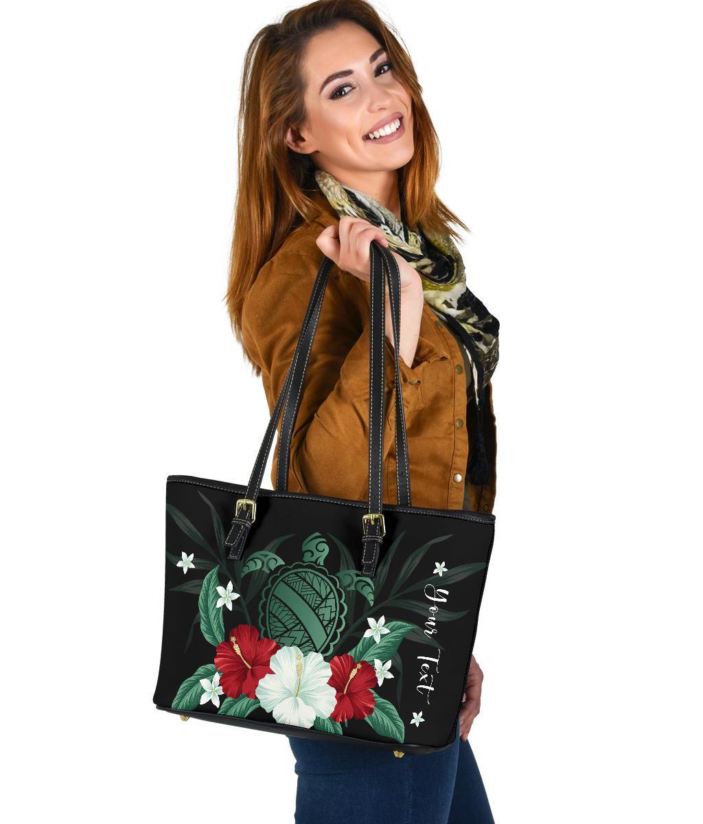 Personalized - Hawaii Turtle Hibiscus Plumeria Small Leather Tote Bag - Polynesian Pride