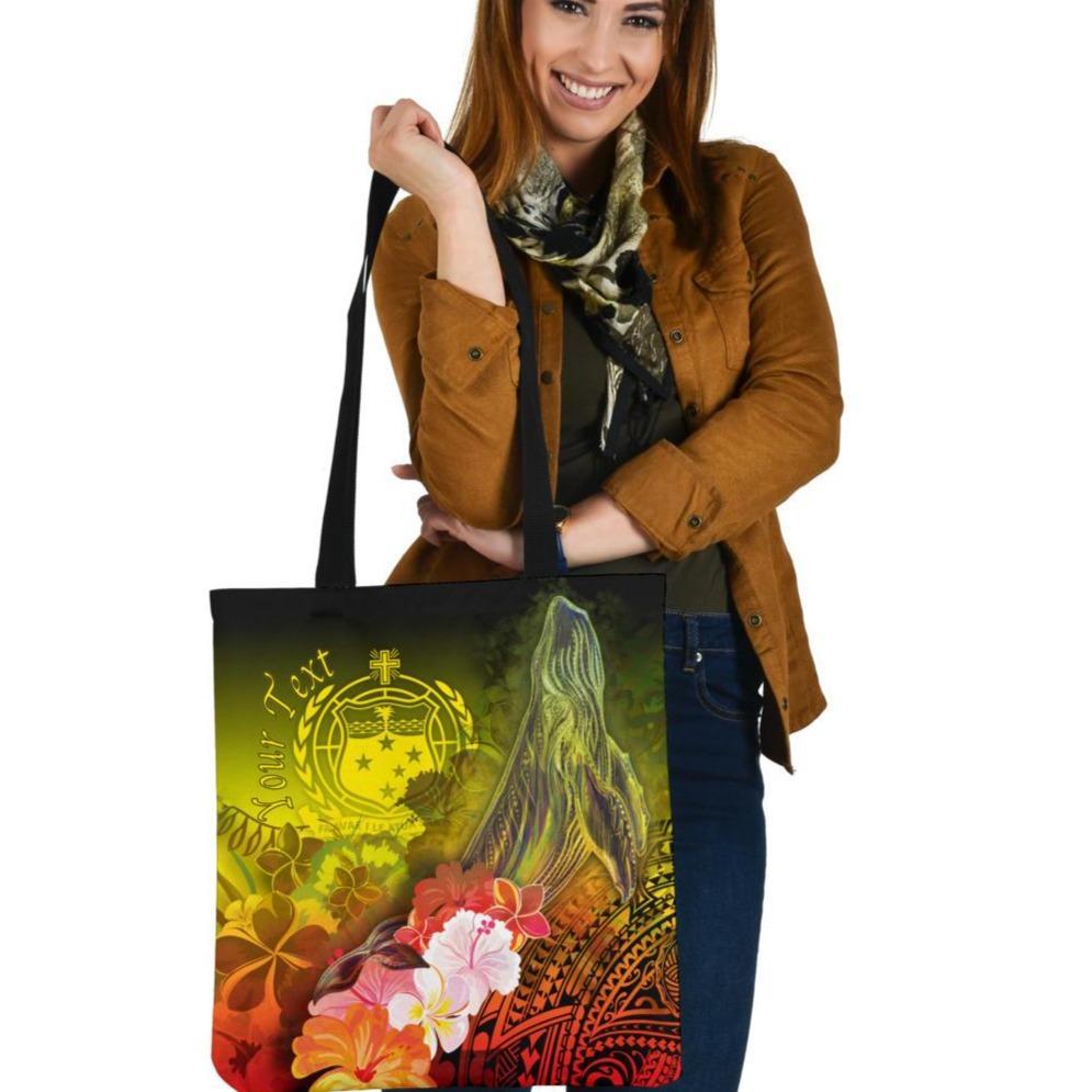 Custom Personalised Samoa Tote Bags- Humpback Whale with Tropical Flowers (Yellow) Tote Bag One Size Yellow - Polynesian Pride