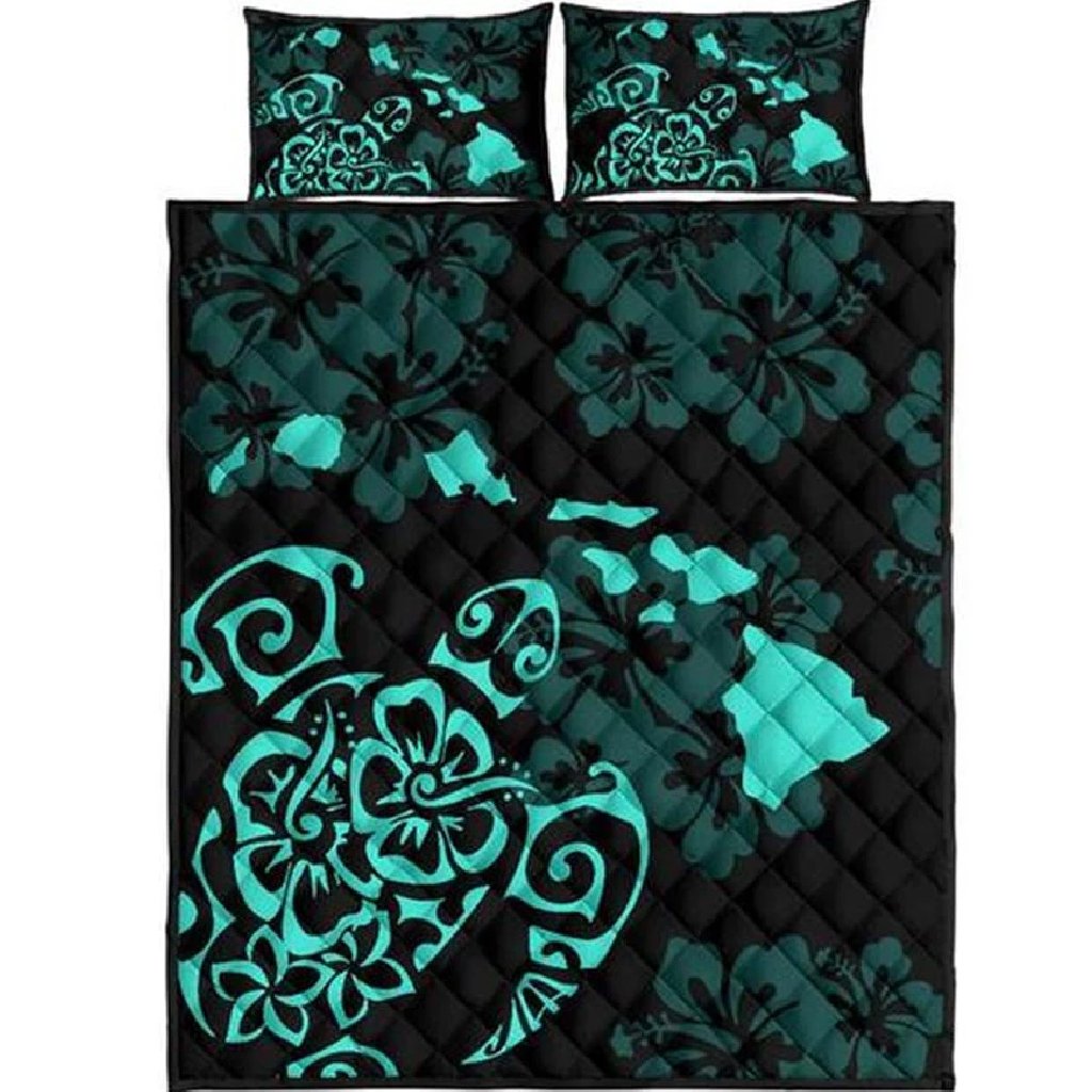 Turtle Hibiscus Map Turquoise Quilt Bed Set Black - Polynesian Pride