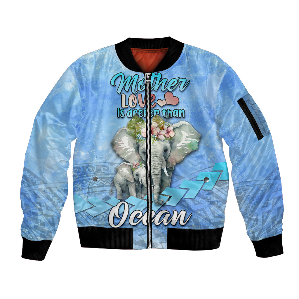 Mother's Day Elephant Watercolor Style Mix Polynesian Pattern Sleeve Zip Bomber Jacket TS07 Unisex Blue - Polynesian Pride