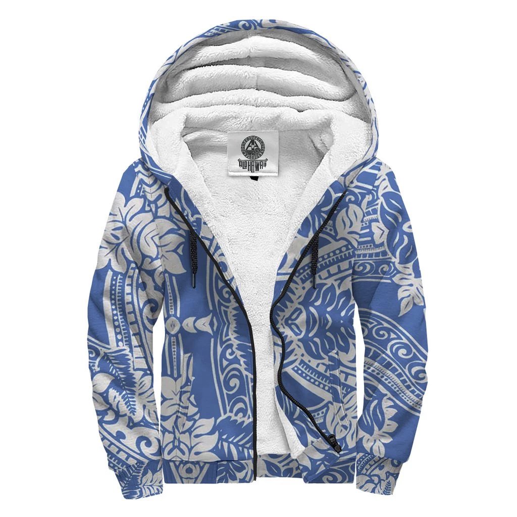 White and Blue Polynesian Sherpa Hoodie Blue - Polynesian Pride