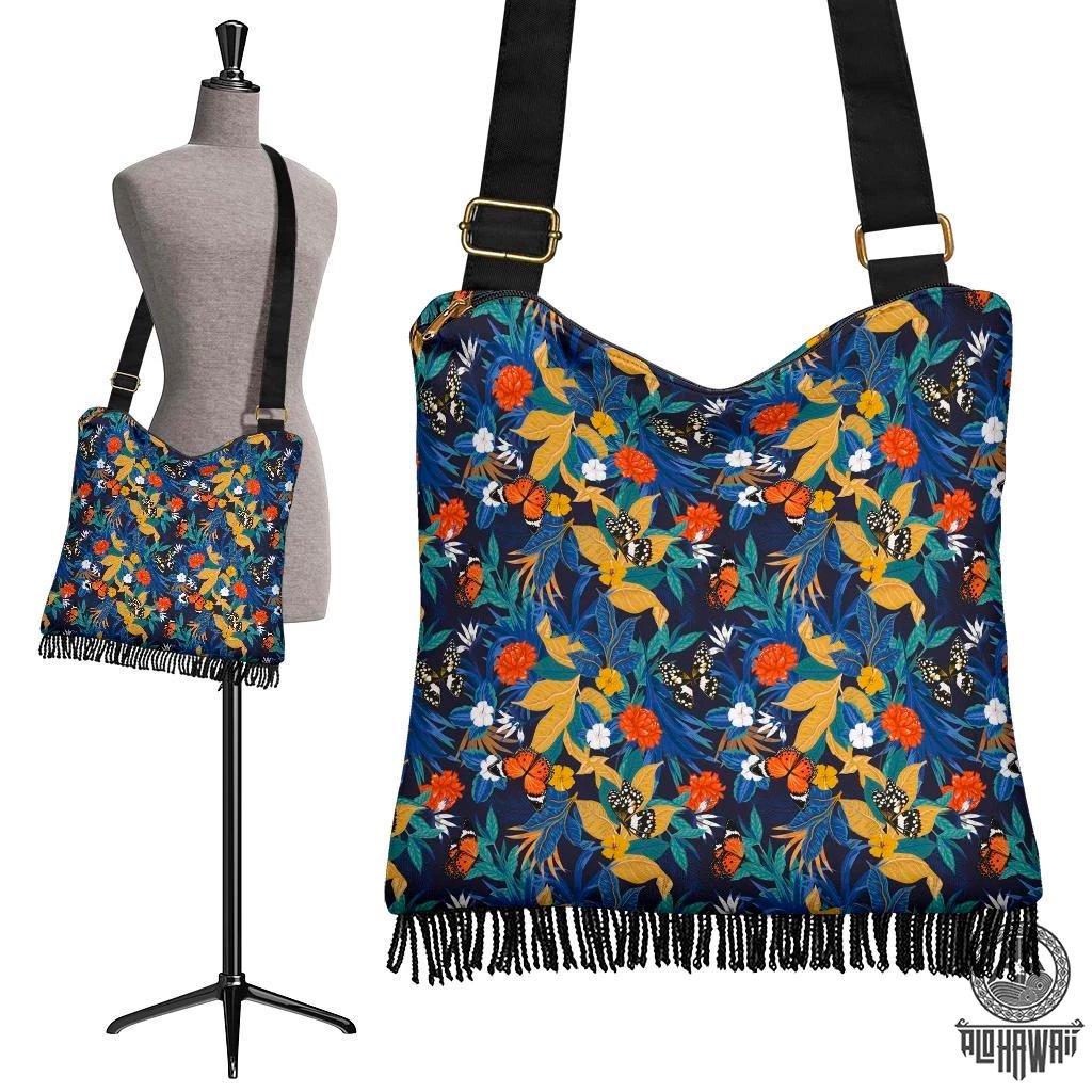 Hawaii Tropical Buttterfly And Flower Crossbody Boho Handbag Crossbody Boho Handbag One Size Yellow - Polynesian Pride