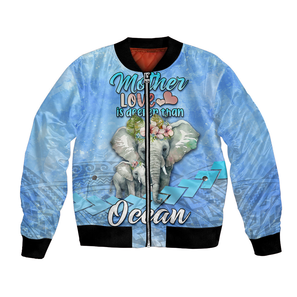 Mother's Day Elephant Watercolor Style Mix Polynesian Pattern Bomber Jacket TS07 Unisex Blue - Polynesian Pride
