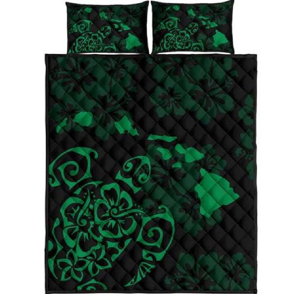 Hawaii Quilt Bed Set - Turtle Hibiscus Map Green Quilt Bed Set Black - Polynesian Pride