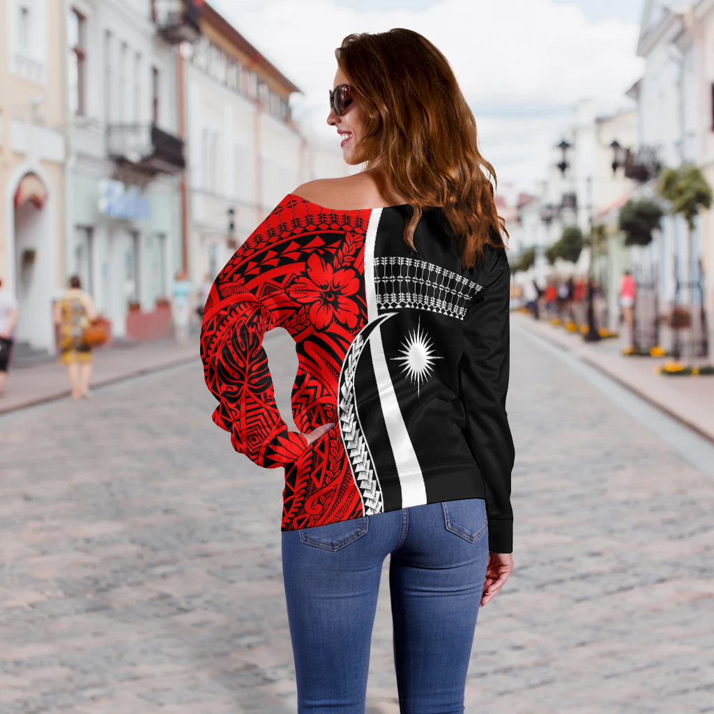 (Custom Personalised) Marshall Islands Off Shoulder Sweater Simple Pattern Version Red LT13 - Polynesian Pride