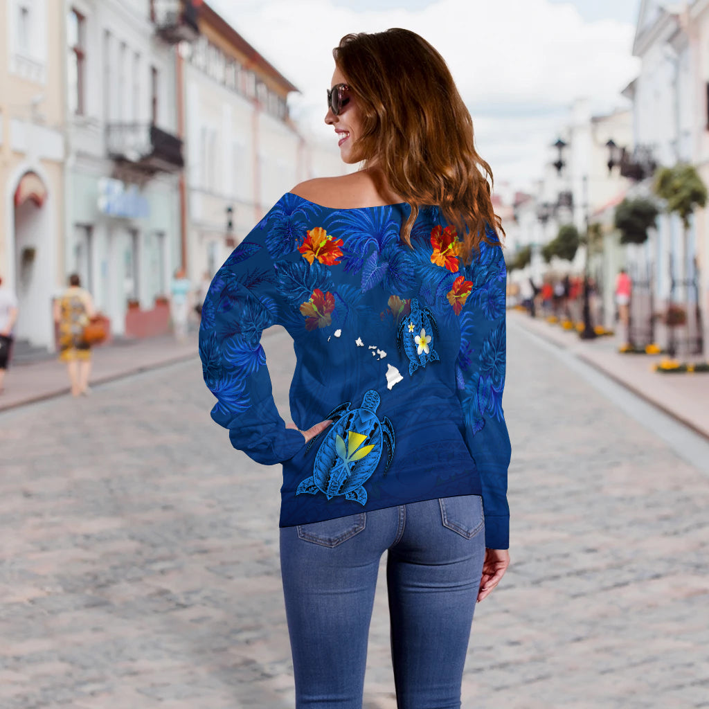Hawaiian Islands Off Shoulder Sweater - Hawaii Tropical Flowers and Turtles Blue LT13 - Polynesian Pride