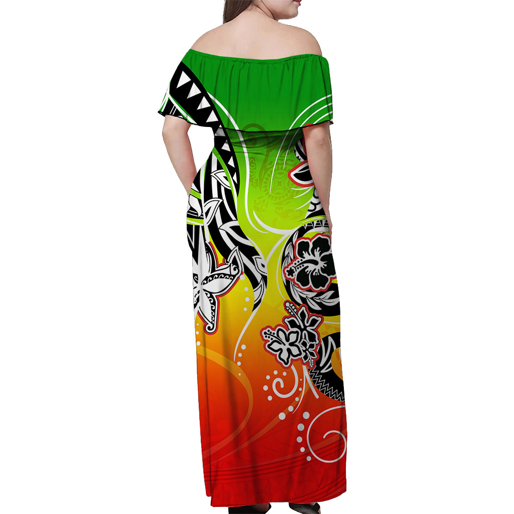 (Custom Personalised) Polynesian Off Shoulder Long Dress Be Loved Rasta Colors LT13 - Polynesian Pride
