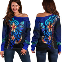 Guam Women's Off Shoulder Sweater - Vintage Tribal Mountain Blue - Polynesian Pride