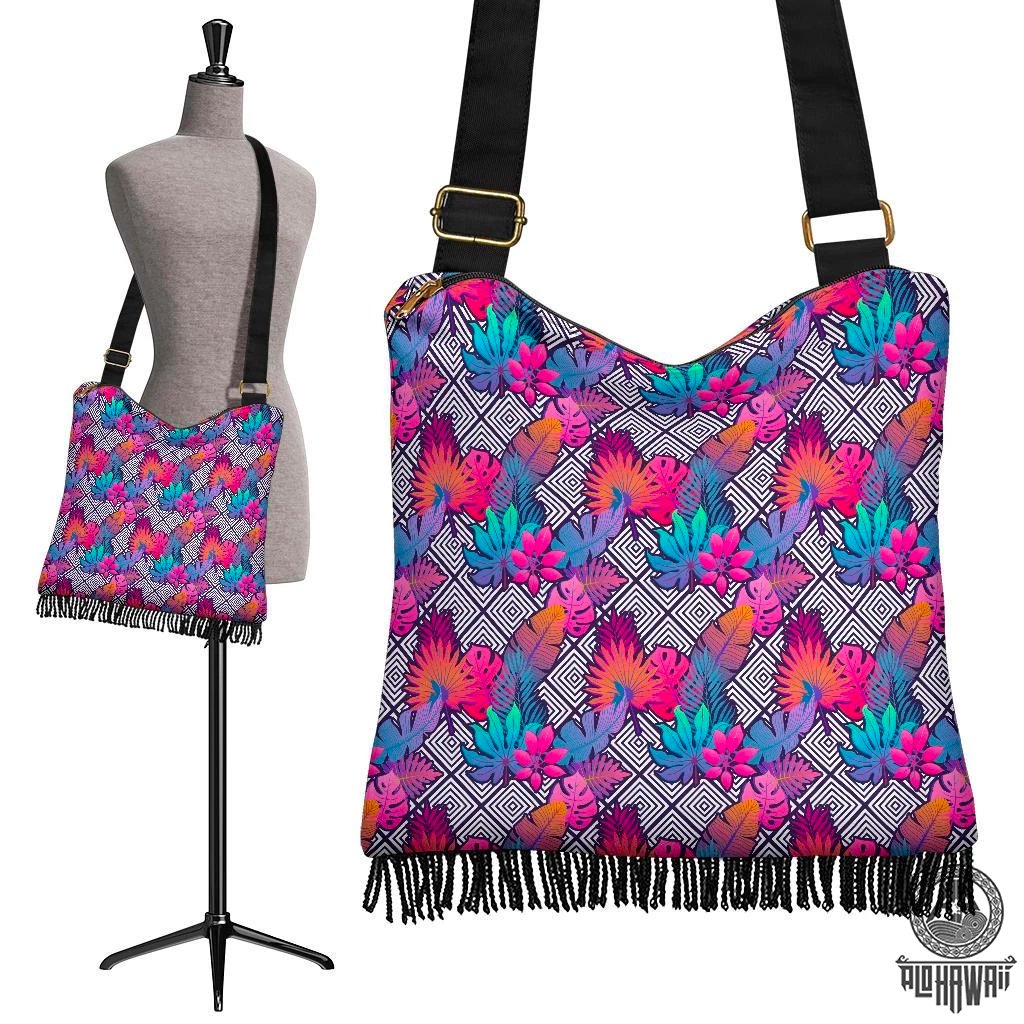 Hawaii Tropical Exotic Leaves Crossbody Boho Handbag Crossbody Boho Handbag One Size Pink - Polynesian Pride