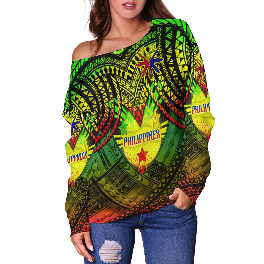 Philippines Women Off Shoulder Sweater - Custom Hope Begins In Your Home Reggae Style - Polynesian Pride