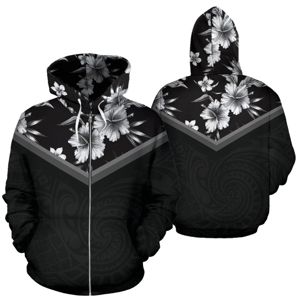 Hawaii Vintage Pattern Zip up Hoodie Black and White Hibiscus Unisex Black - Polynesian Pride