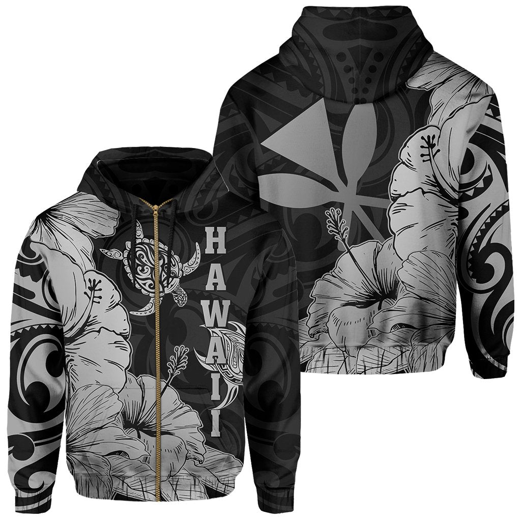 Hawaii Turtle Hoodie (Zipper) Polynesian Hibiscus Art Ver 2.0 Gray Unisex Gray - Polynesian Pride