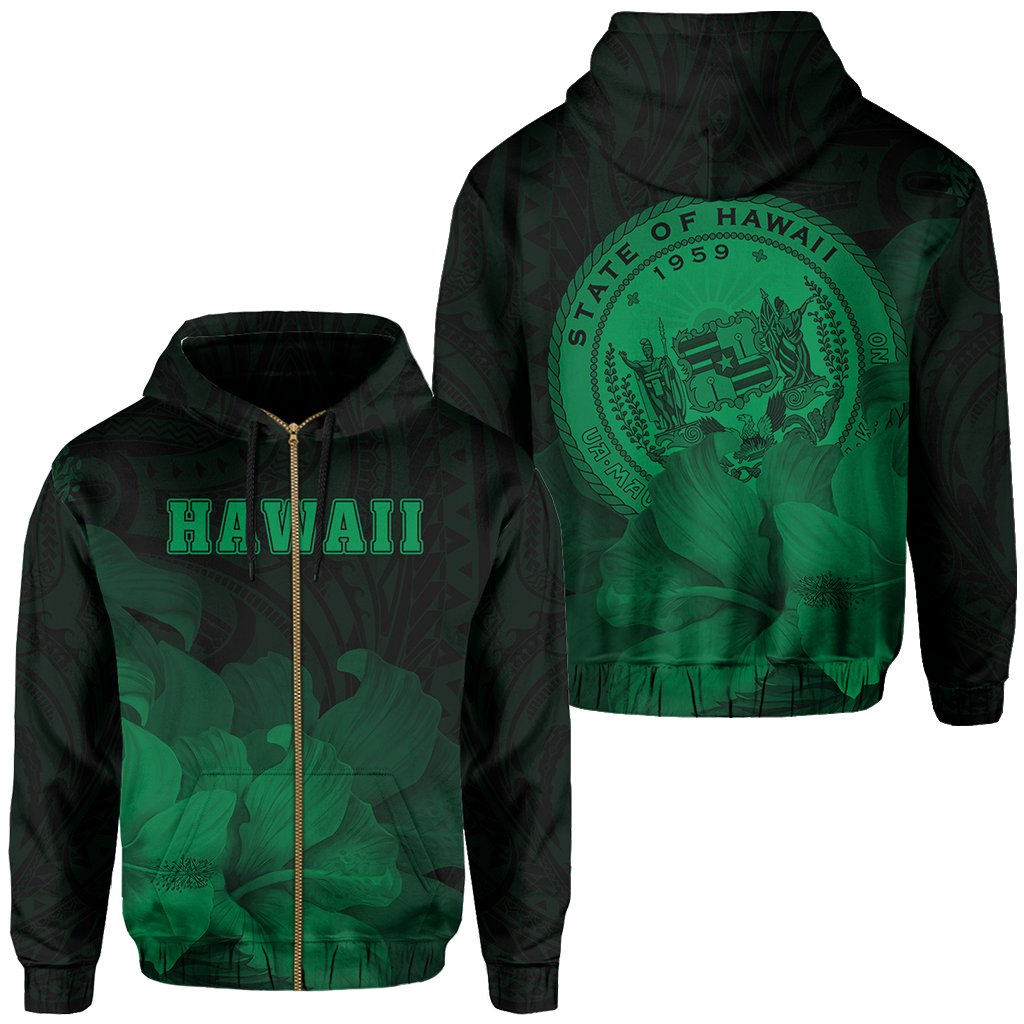 Tropic Hibiscus Seal of Hawaii Zip Hoodie Green Unisex Green - Polynesian Pride
