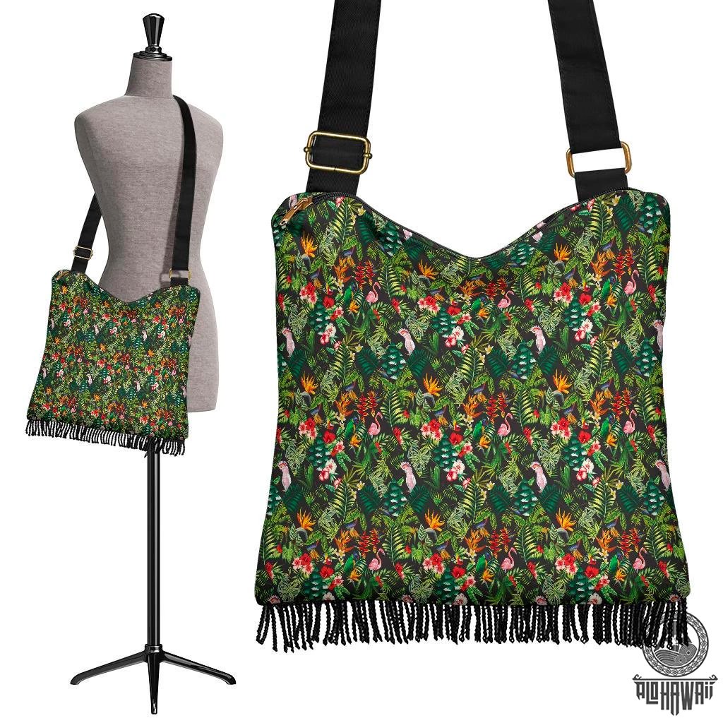 Hawaii Tropical Flamingo Hibiscus Crossbody Boho Handbag Crossbody Boho Handbag One Size Green - Polynesian Pride