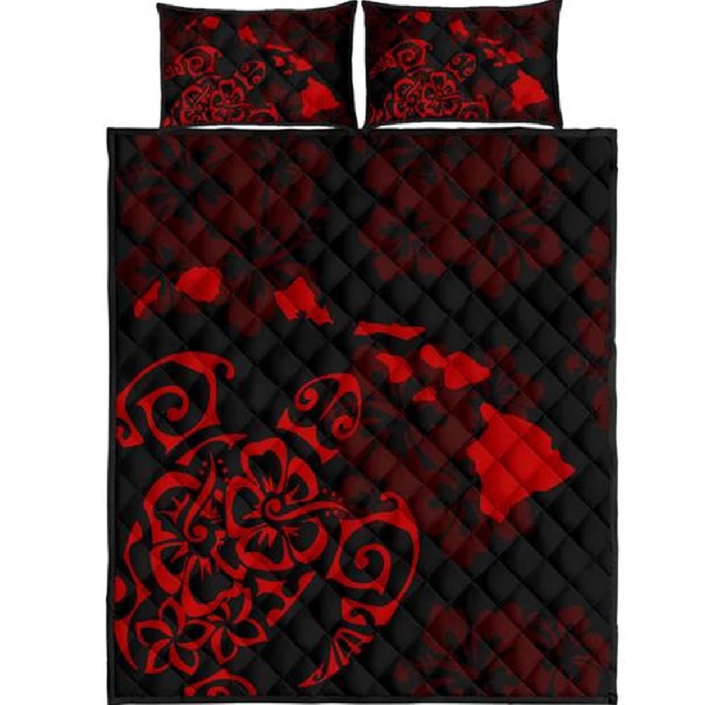 Turtle Hibiscus Map Red Quilt Bed Set Black - Polynesian Pride