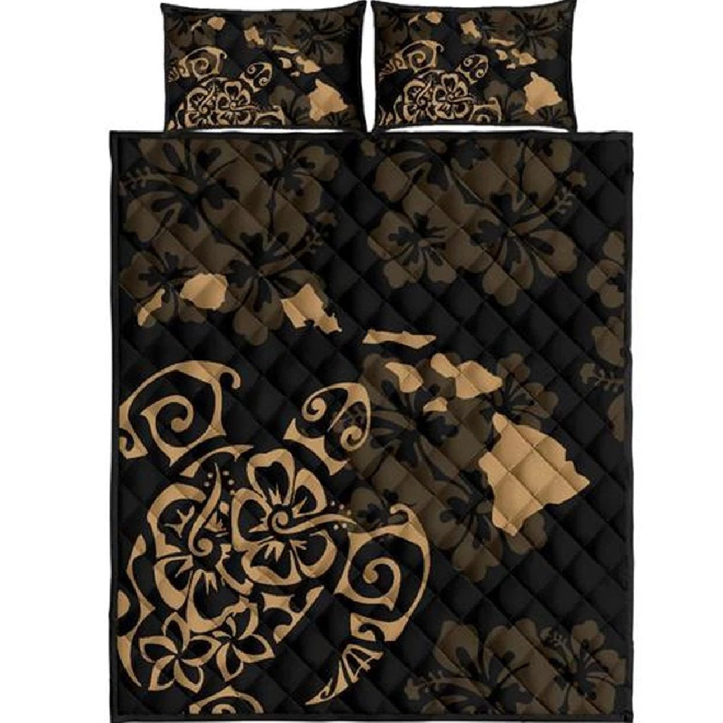 Turtle Hibiscus Map Gold Quilt Bed Set Black - Polynesian Pride