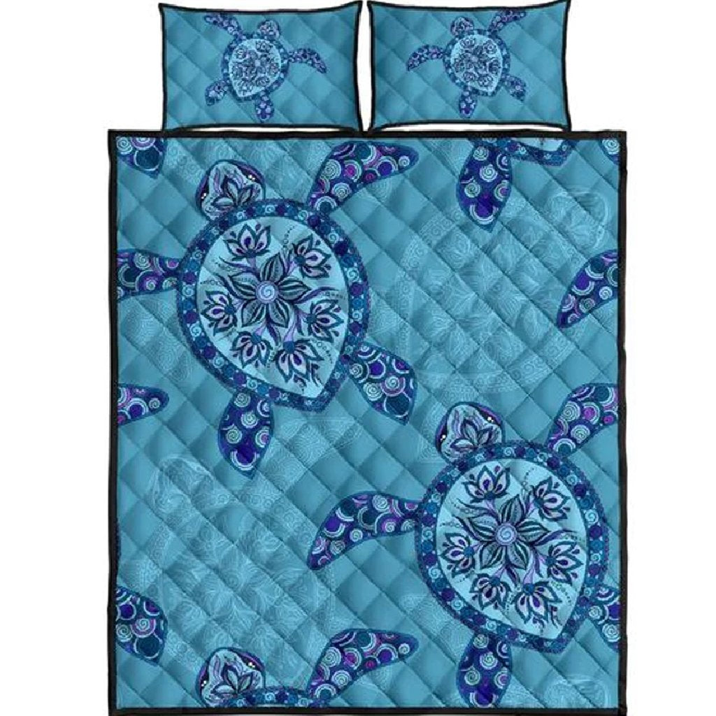 Hawaii Quilt Bed Set - Blue Turtle Quilt Bed Set Black - Polynesian Pride