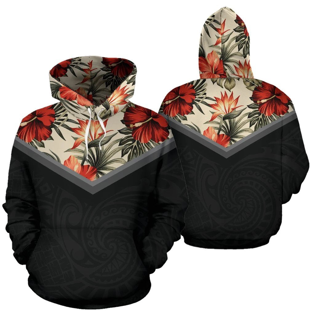 Hawaiian Pattern Vintage Hoodie Red Hibiscus Unisex White - Polynesian Pride