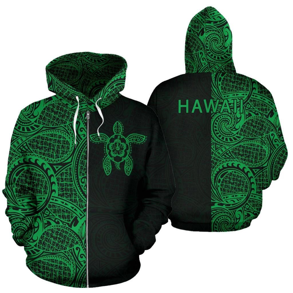 Turtle Hoodie Zip up Polynesian Half Style 01 Unisex Green - Polynesian Pride