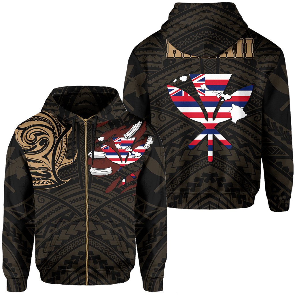 Hawaiian Kanaka Hoodie (Zipper) Heart Tattoo Gold Unisex White - Polynesian Pride