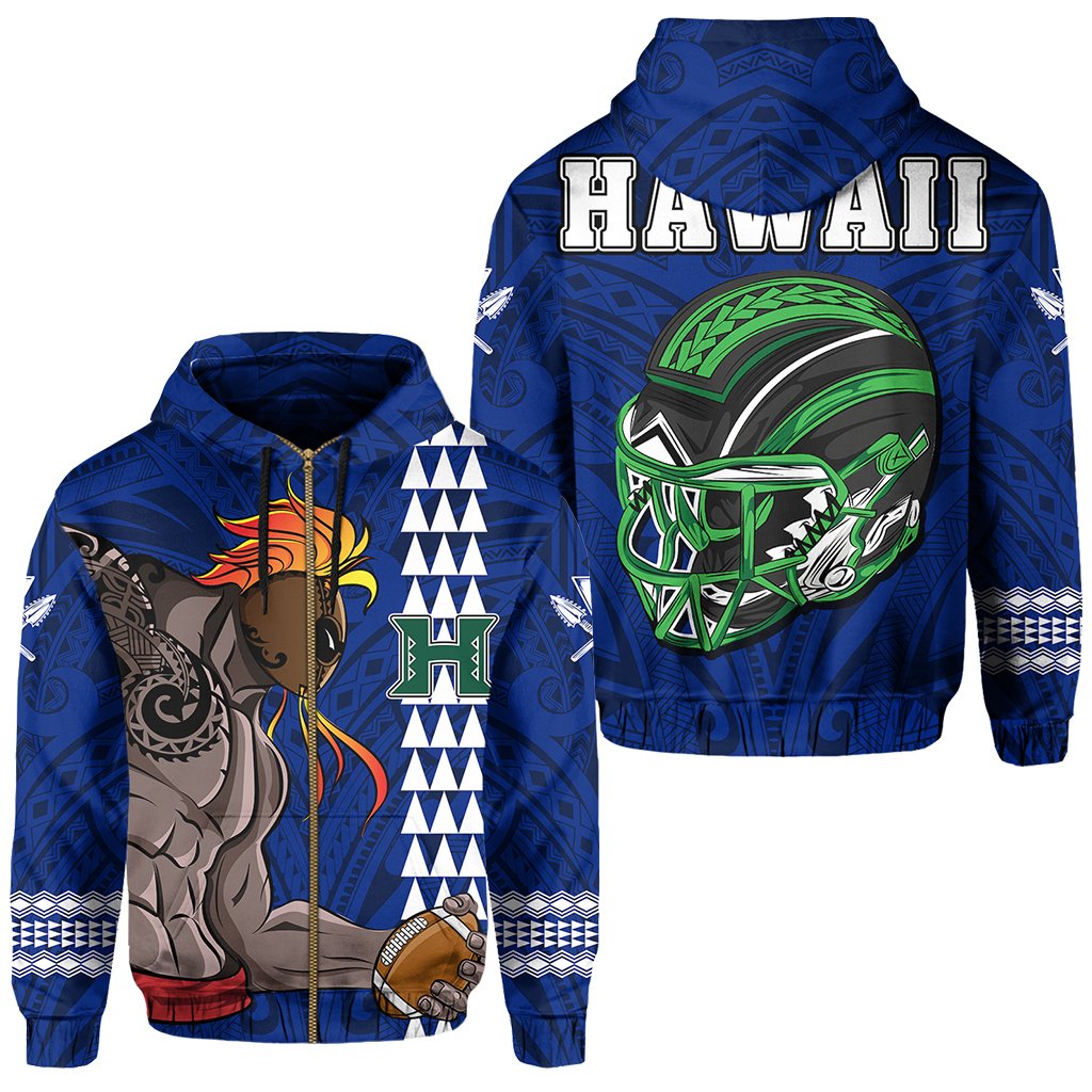 Polynesian Warrior Helmet Football Kanaka Kakau Hawaii Zip Hoodie Blue Unisex Blue - Polynesian Pride