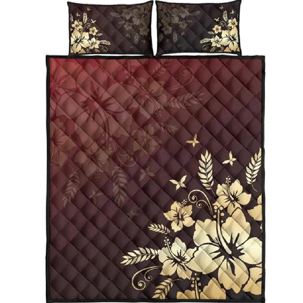 Hawaii Quilt Bed Set - Golden Hibiscus Quilt Bed Set Black - Polynesian Pride