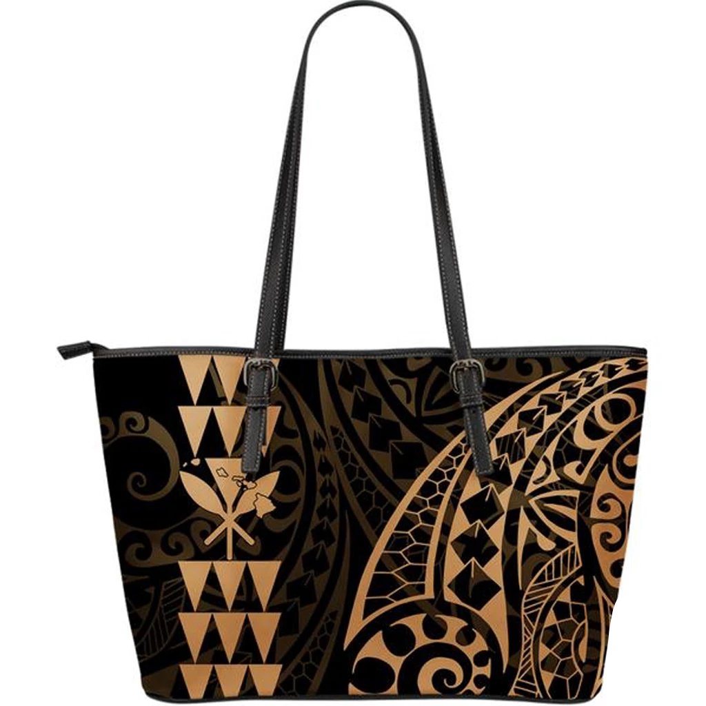 Kanaka Hawaii Map Gold Tribal Large Leather Tote Bag Gold - Polynesian Pride