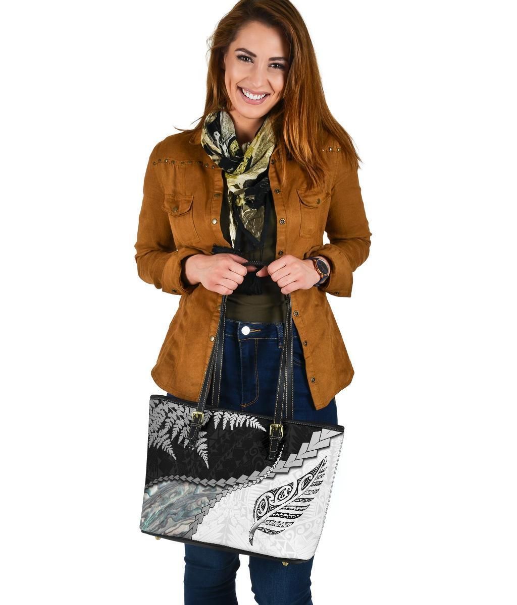 Paua Shell Maori Silver Fern Small Leather Tote White - Polynesian Pride