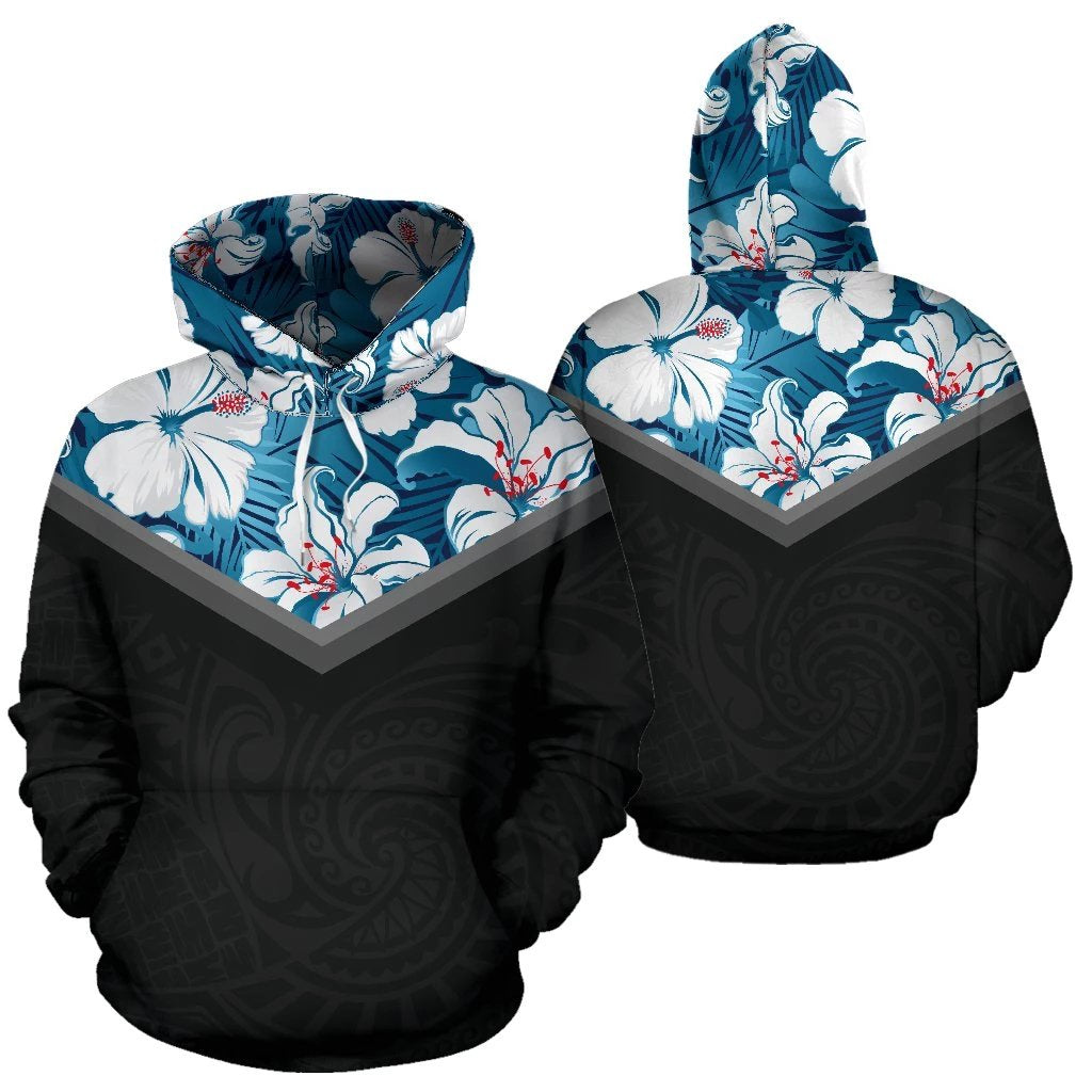 Hawaiian Pattern Vintage Hoodie Youthful Blue Hibiscus Color Unisex White - Polynesian Pride