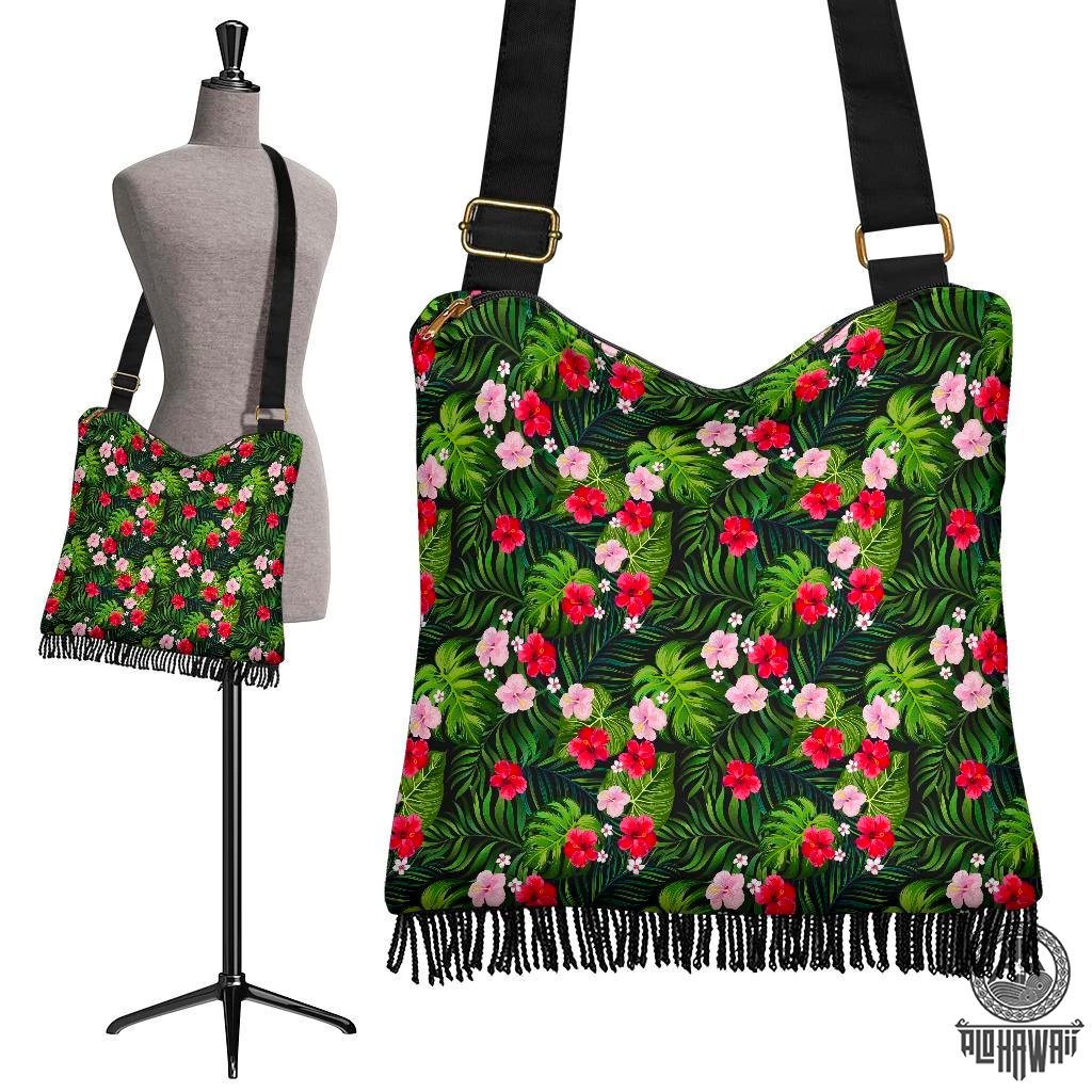 Hawaii Tropical Flower Mix Crossbody Boho Handbag Crossbody Boho Handbag One Size Green - Polynesian Pride