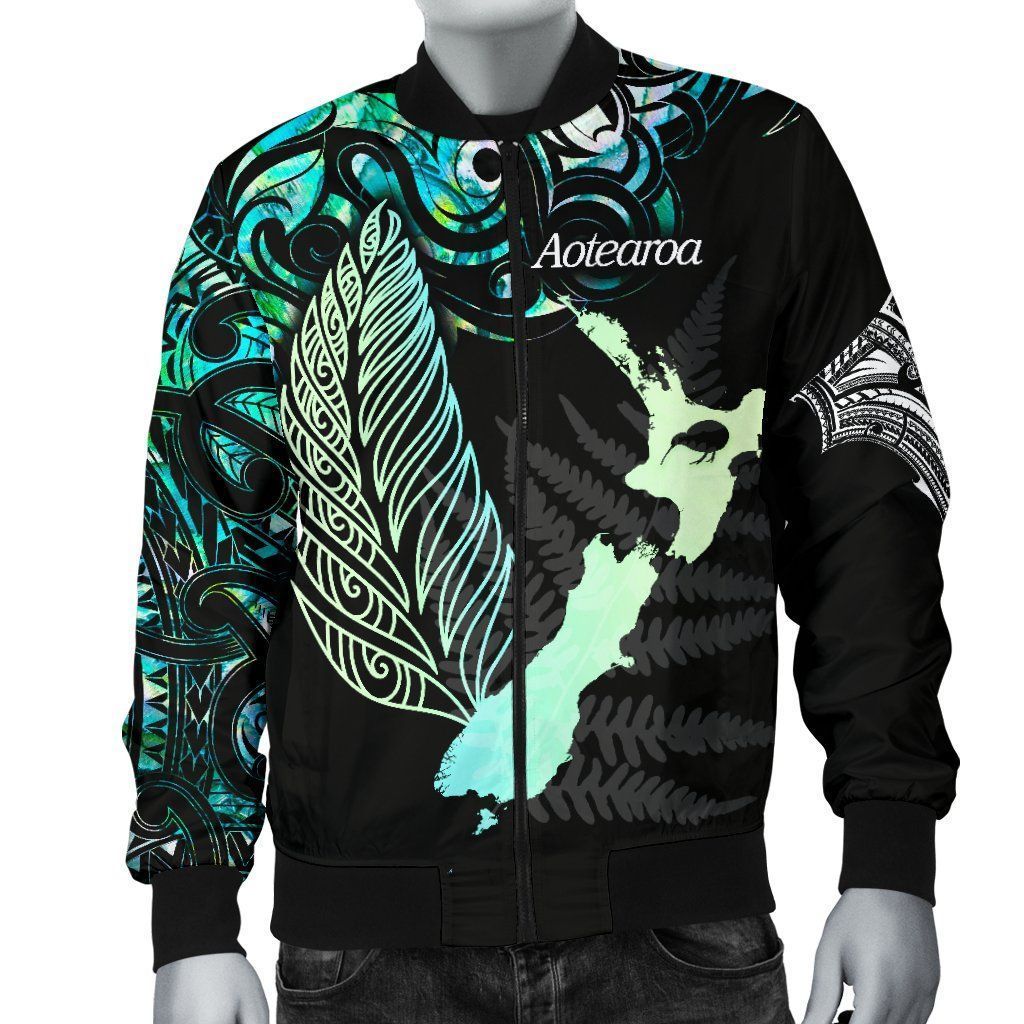 Aotearoa Paua Shell Men Bomber Jacket Maori Silver Fern - Polynesian Pride