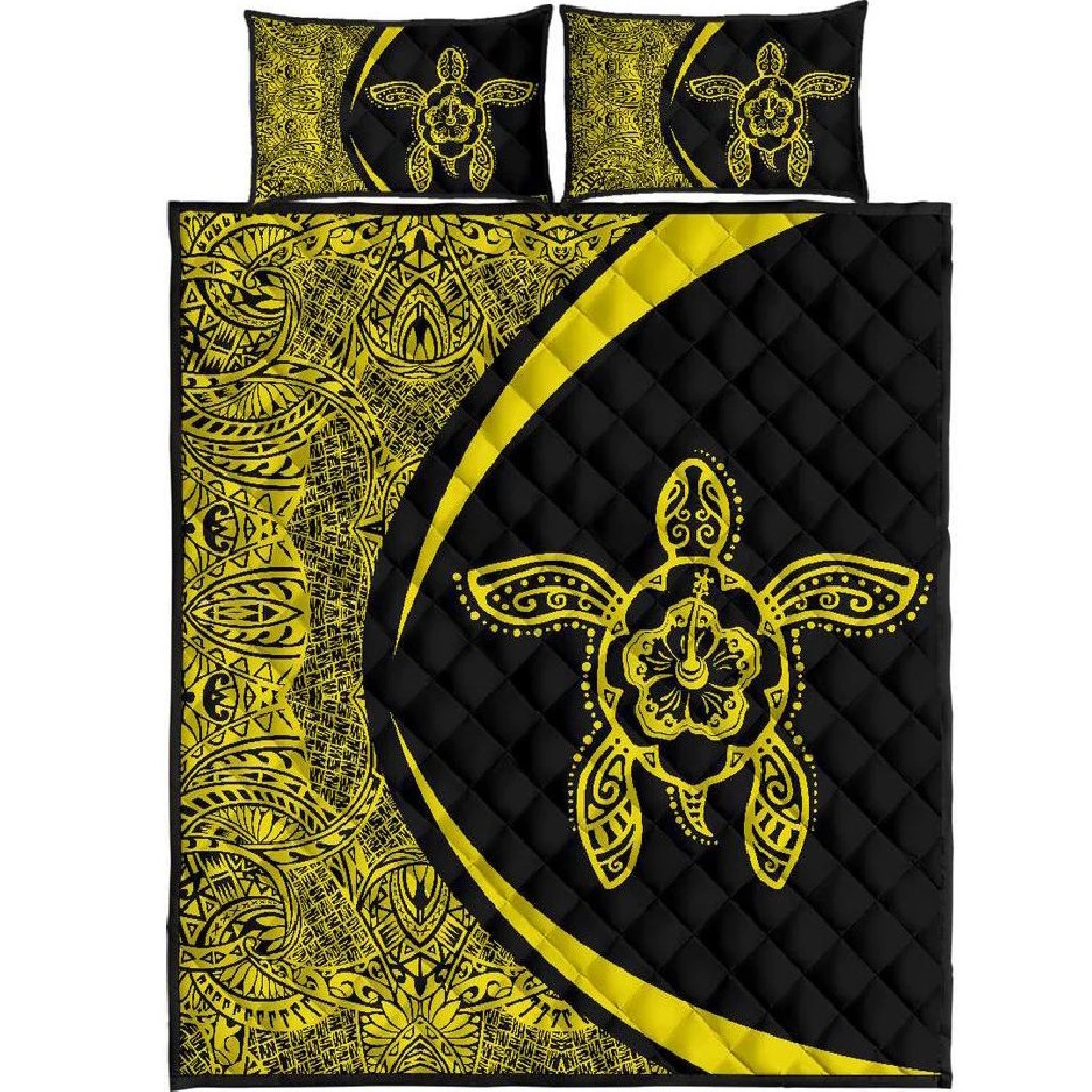 Hawaiian Polynesian Turtle Quilt Bed Set - Circle Style Yellow Black - Polynesian Pride