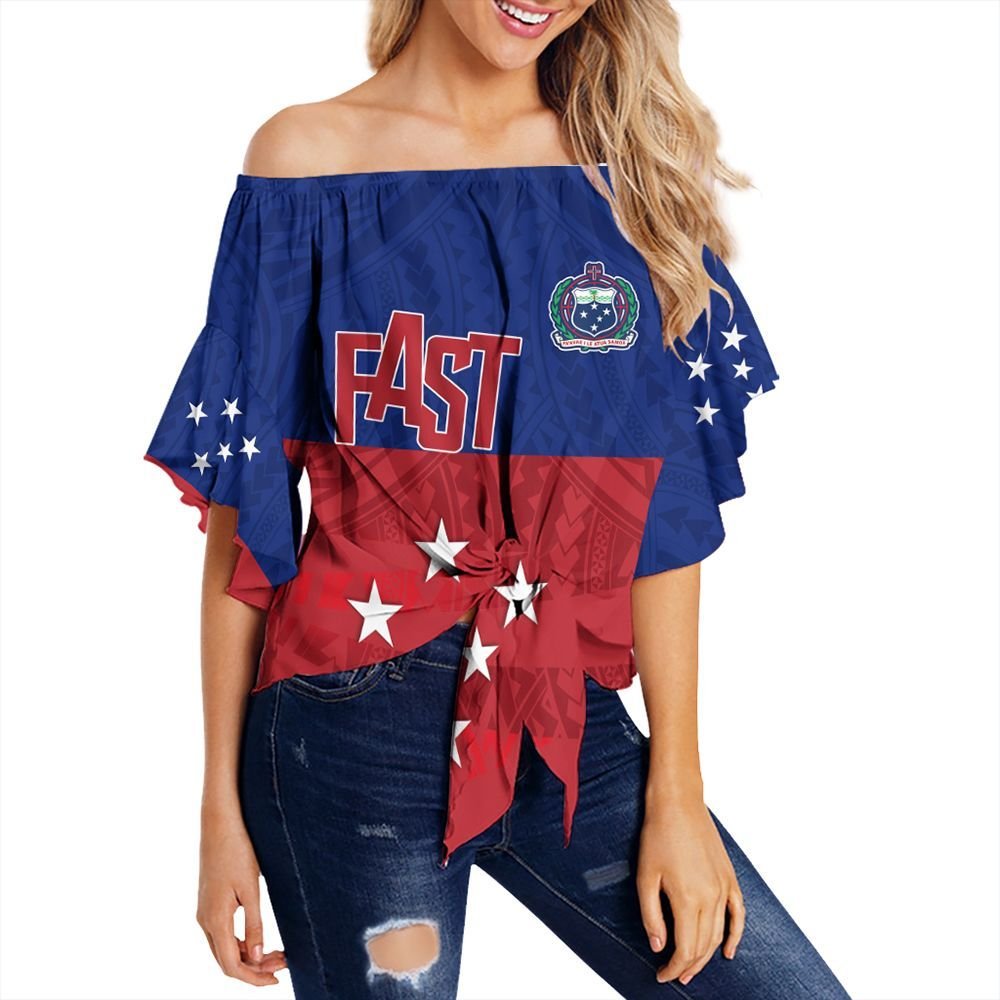 (Customized) Samoan Clothing - F.A.S.T Off Shoulder Wrap Waist Top Enthusiasm Women Blue - Polynesian Pride