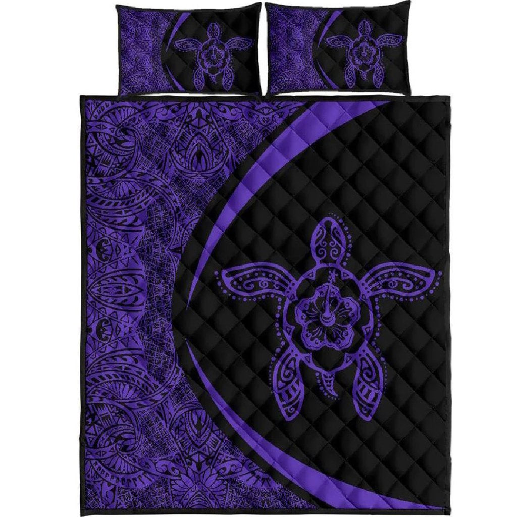 Hawaiian Polynesian Turtle Quilt Bed Set - Circle Style Purple Black - Polynesian Pride