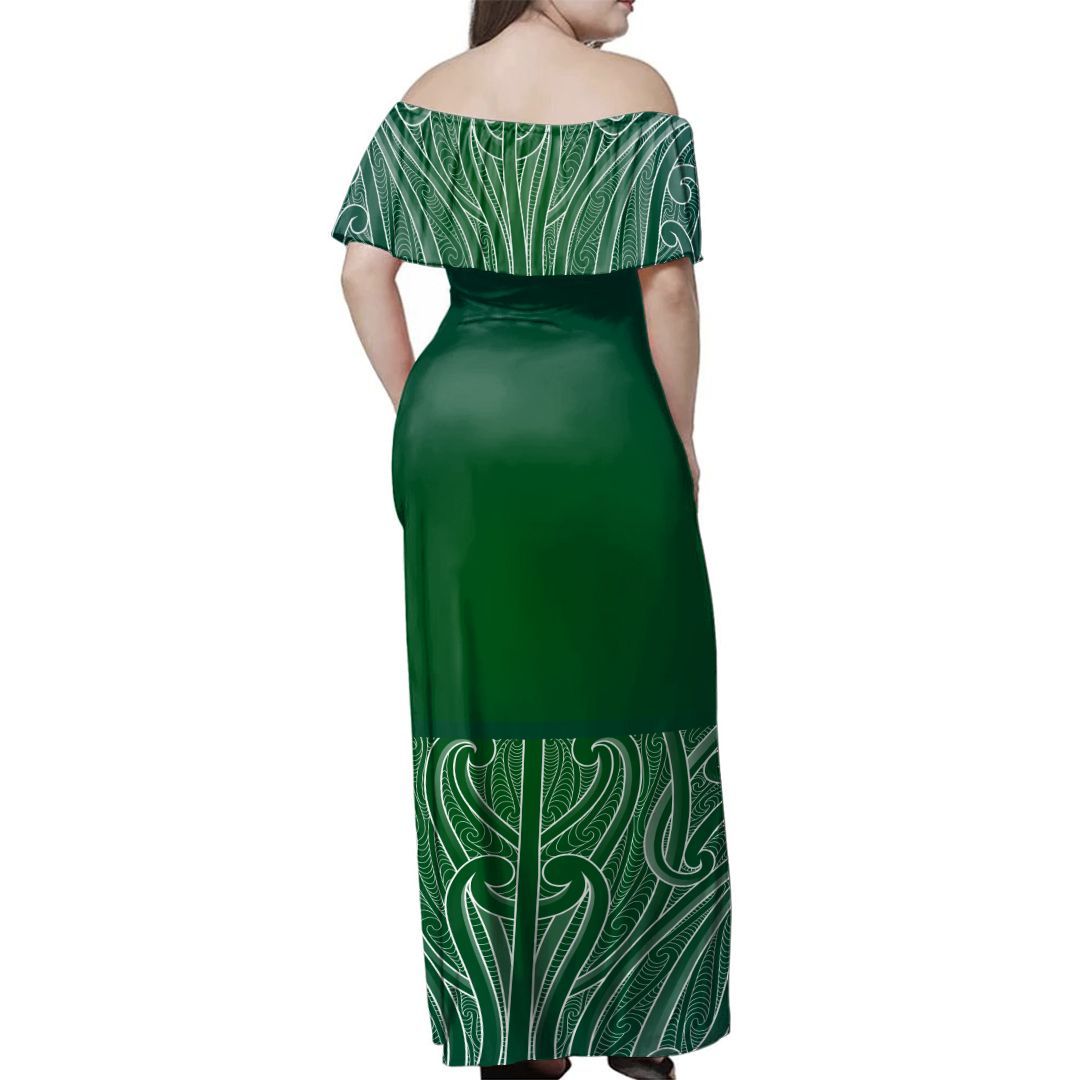 NE Maori Dress - Green Tamoko Off Shoulder Long Dress - Polynesian Pride