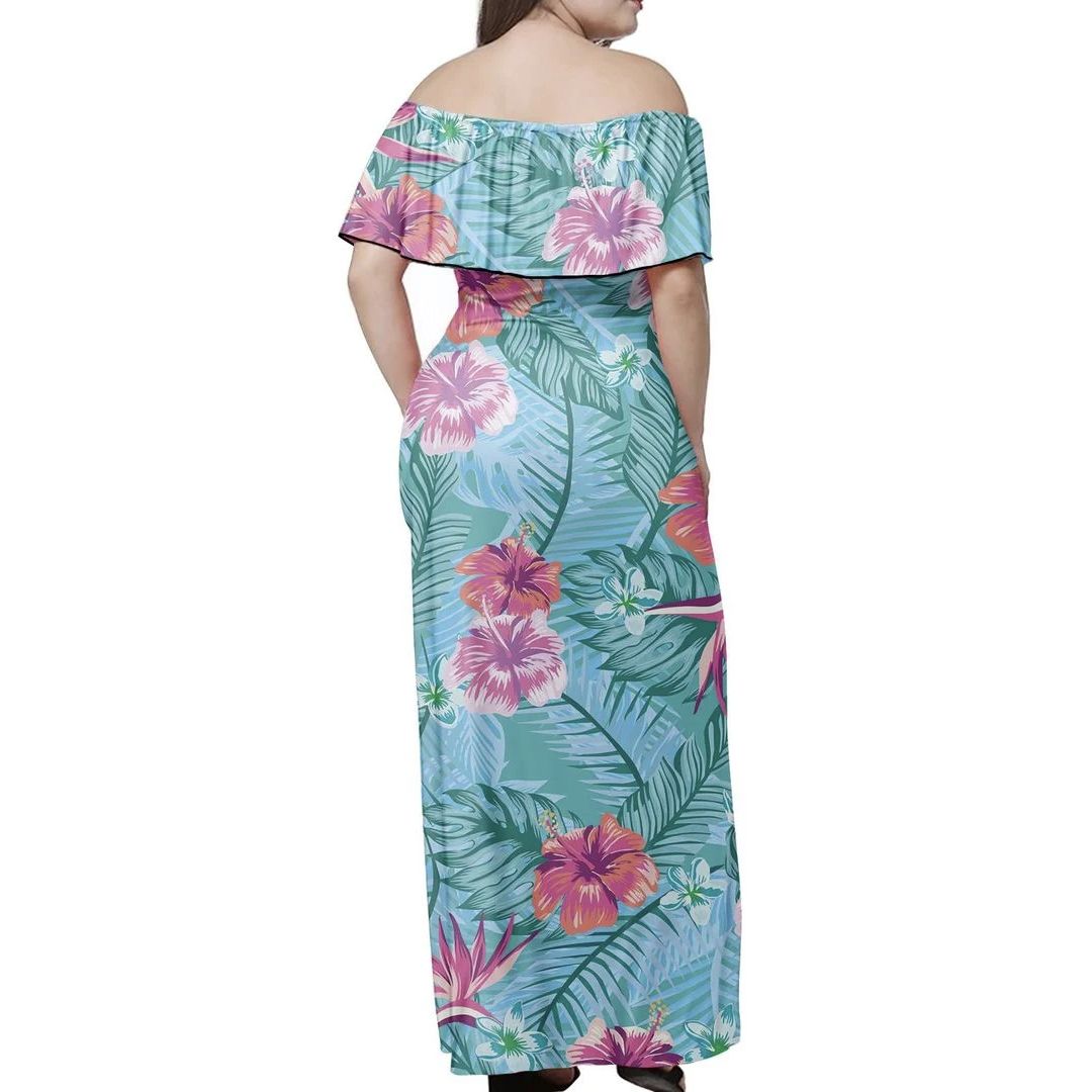 Polynesian Pride Dress - Tropical Hibiscus Blue Off Shoulder Long Dress - Polynesian Pride