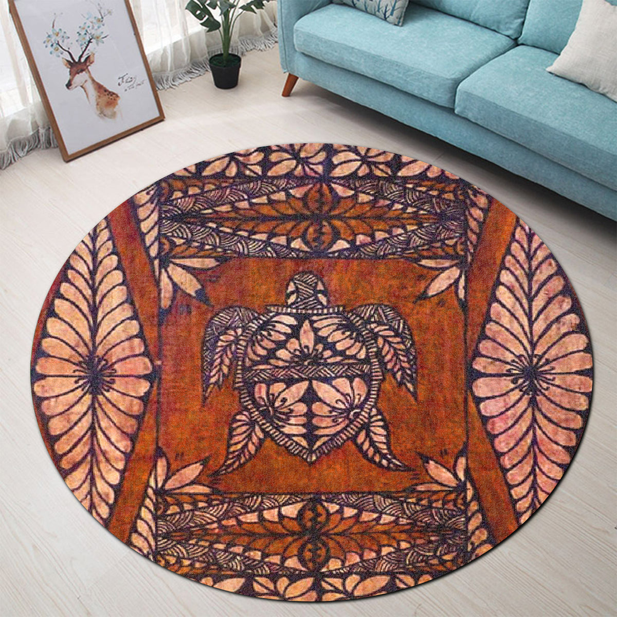 Polynesian Pride Home Set - Tongan Pattern Turtle Round Carpet - Polynesian Pride