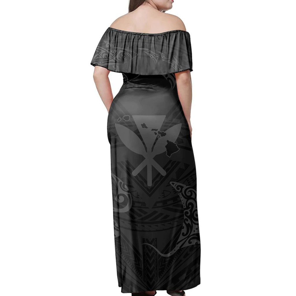 Polynesian Pride Dress - Polynesian Turtle Hammerhead Shark Ray Kanaka Hawaii Circle Grey Off Shoulder Long Dress - Polynesian Pride