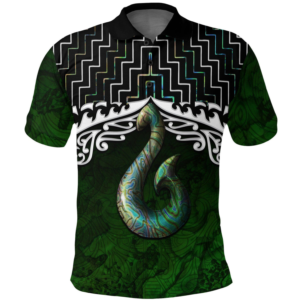Polynesian Pride Apparel New Zealand Maori Polo Shirt, Poutama Hei Matau Paua Shell Golf Shirt Unisex Green - Polynesian Pride