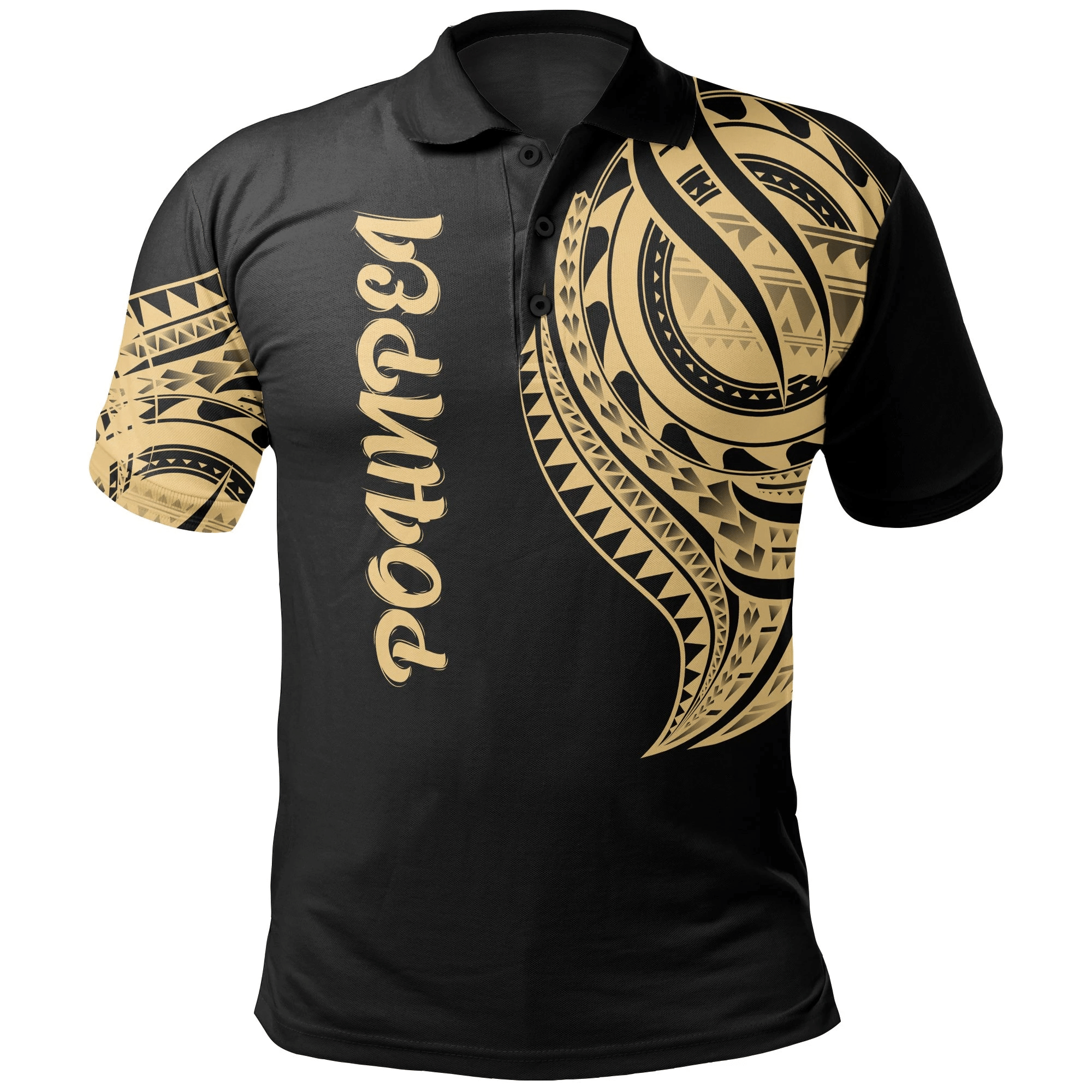 Polynesian Pride Apparel Pohnpei State Polo Shirt Micronesian Tatau Gold Patterns Unisex Black - Polynesian Pride