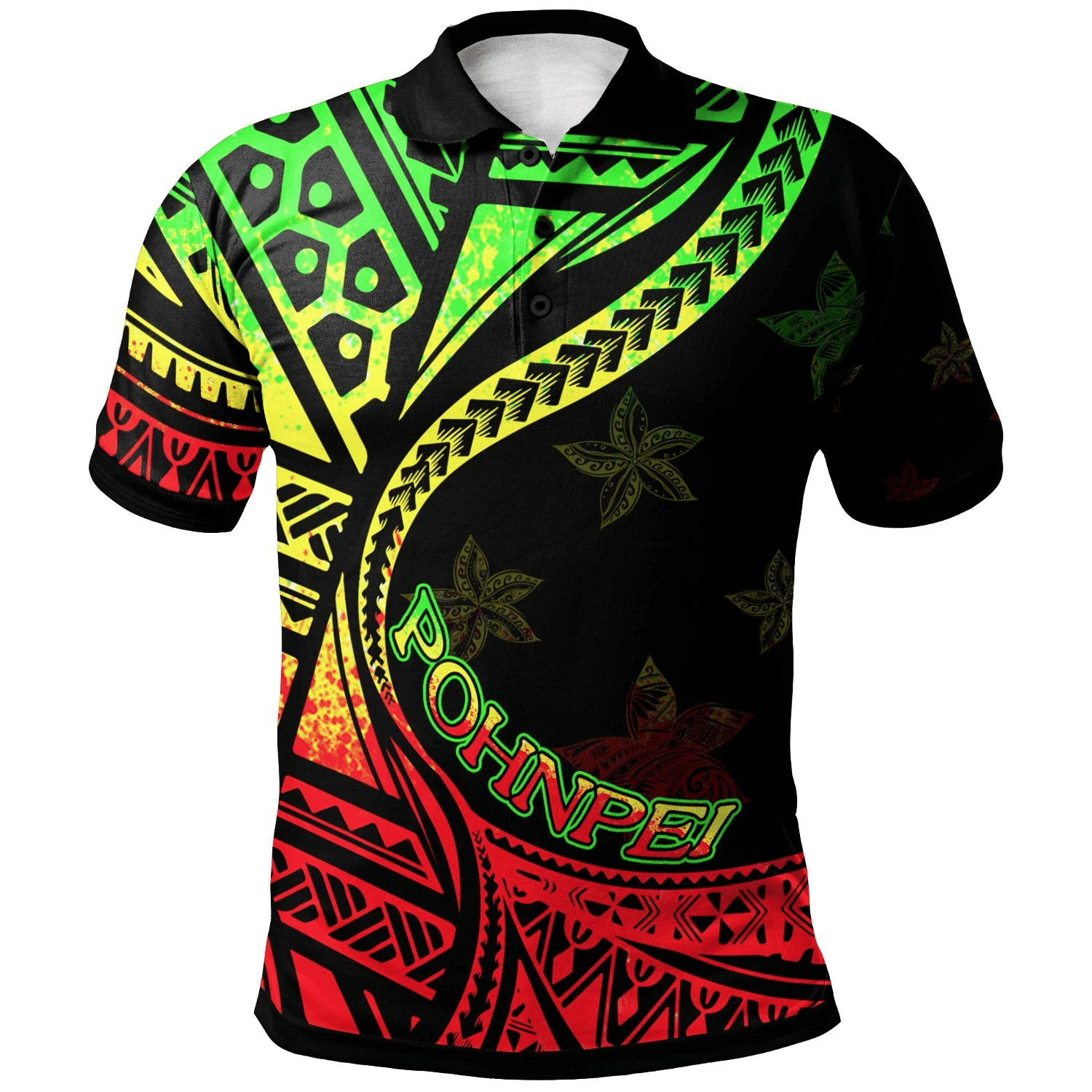 Polynesian Pride Apparel Pohnpei Polo Shirt Plumeria Flowers Raggage Version Unisex Black - Polynesian Pride