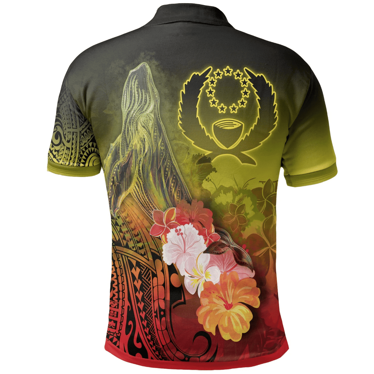 Polynesian Pride Apparel Pohnpei Polo Shirt Humpback Whale With Tropical Flowers (Yellow) - Polynesian Pride