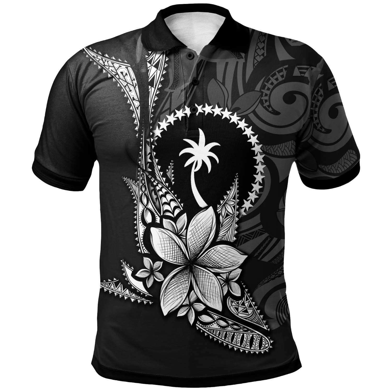 Polynesian Pride Apparel Chuuk State Polo Shirt Fish With Plumeria Flowers Style Unisex Black - Polynesian Pride
