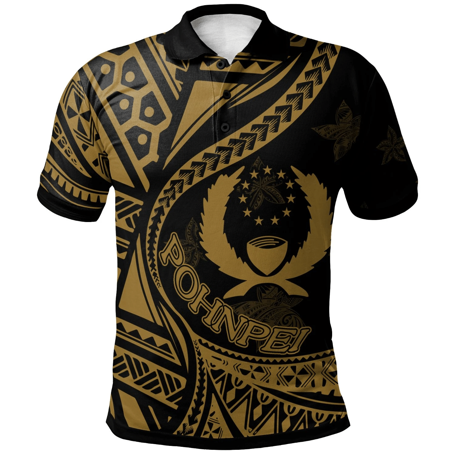 Polynesian Pride Apparel Pohnpei Polo Shirt Plumeria Flowers Gold Version Unisex Black - Polynesian Pride