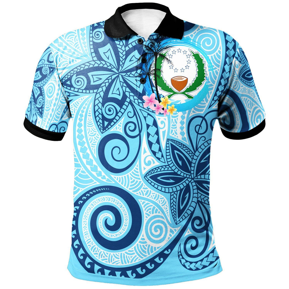 Polynesian Pride Apparel Pohnpei Polo Shirt Tribal Plumeria Pattern Unisex Blue - Polynesian Pride