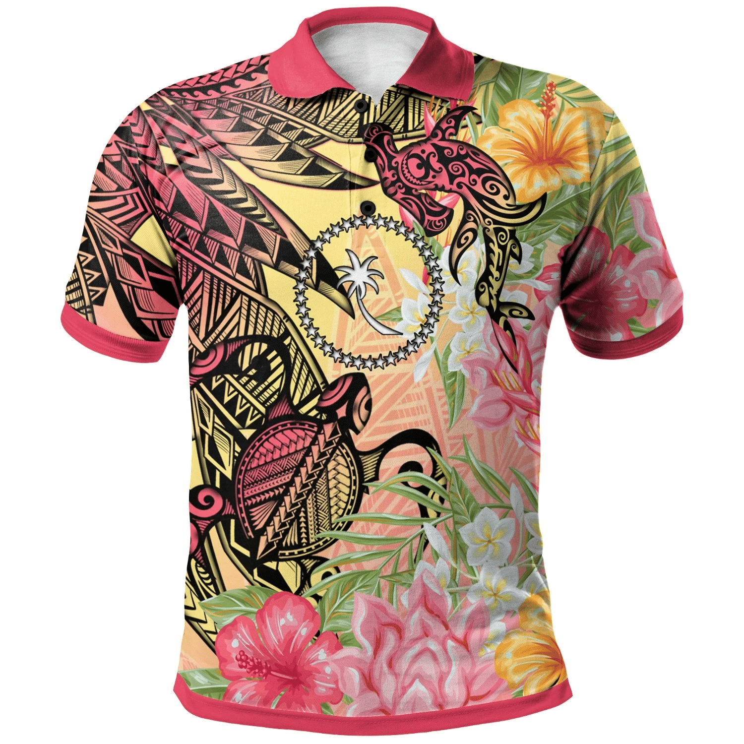 Polynesian Pride Apparel Chuuk State Polo Shirt Flowers Tropical With Sea Animals Unisex Pink - Polynesian Pride