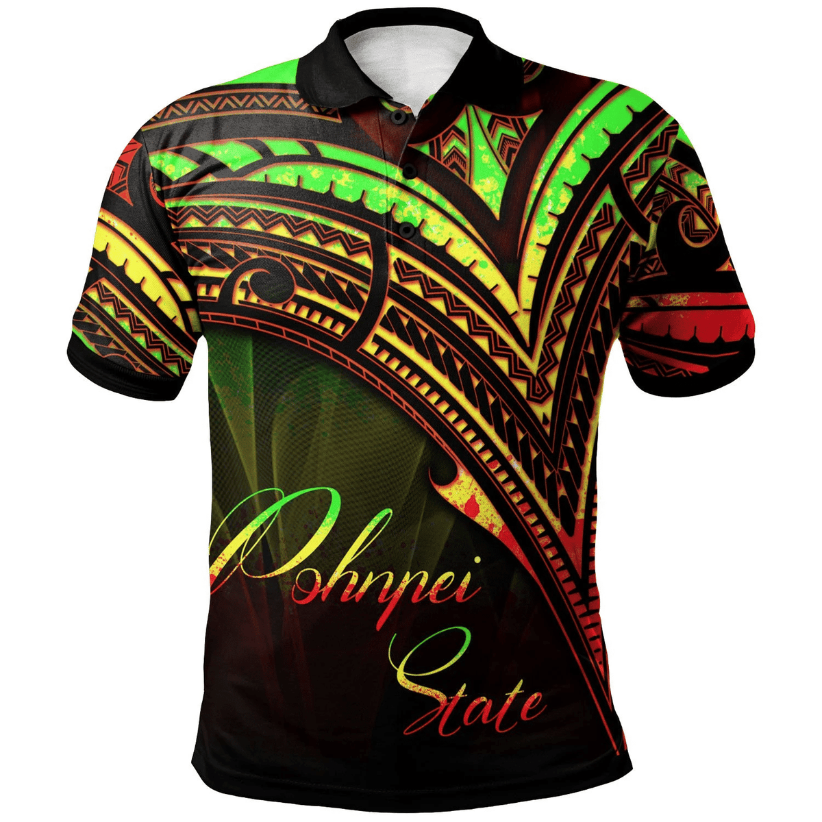 Polynesian Pride Apparel Pohnpei State Polo Shirt Reggae Color Cross Style Unisex Black - Polynesian Pride