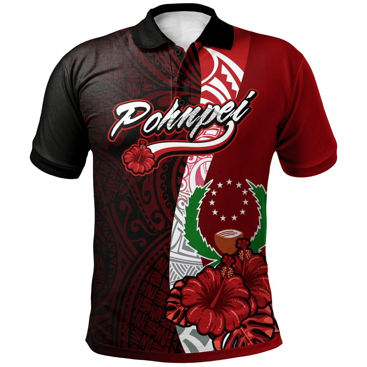 Polynesian Pride Apparel Pohnpei Micronesia Polo Shirt Coat Of Arm With Hibiscus Unisex Red - Polynesian Pride