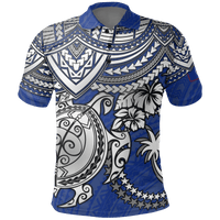 Polynesian Pride Apparel Chuuk Polo Shirt Chuuk FLag White Turtle Hibiscus (Blue) Unisex Blue - Polynesian Pride